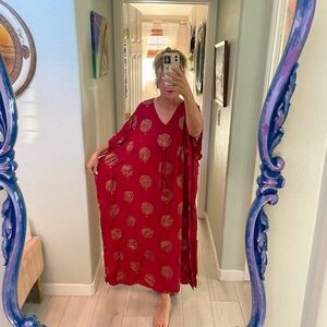 Red and gold kimono style long summer dress. Size large.